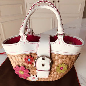 COACH Straw Hand Bag with Leather Floral Appliques